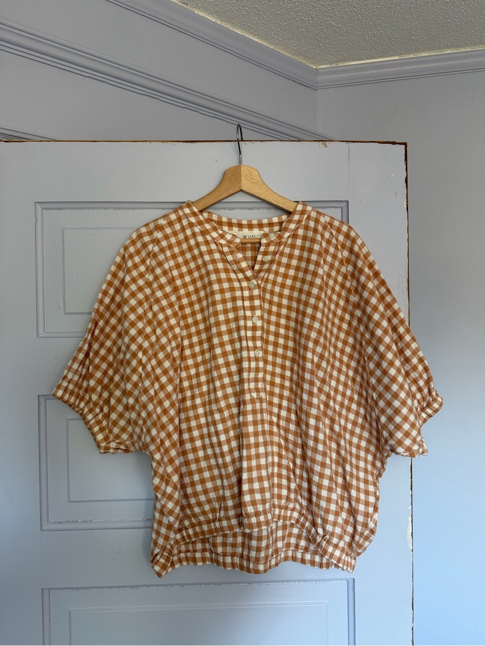 Gingham Button Front Blouse, Tan & White